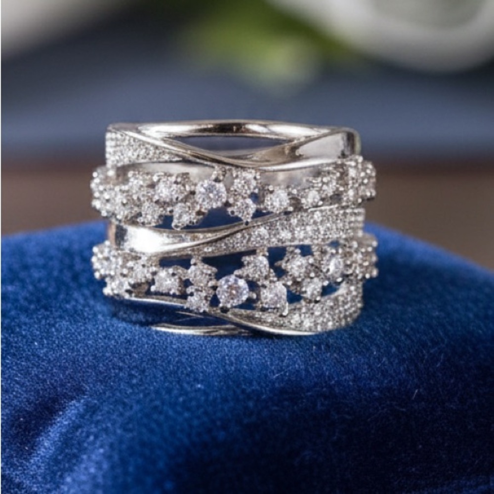 Luxury Multi-Row Pave Cubic Zirconia Wide Band Statement/Cocktail Ring - Picture 2 of 6